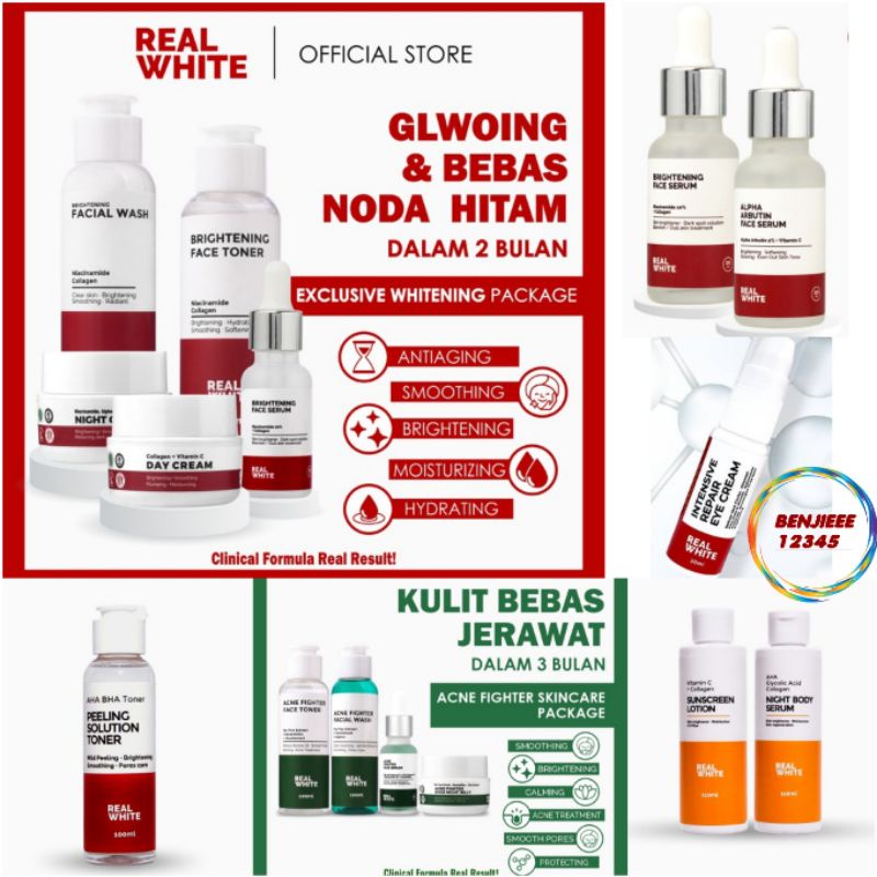 Real White 100% Original Niacinamide Brightening Face serum, Alpha Arbutin Serum Aha bha peeling toner dan serum, night cream collagen vit c day cream intensive repair eye cream toner face wash body realwhite retinol ceramide drying mini underarm