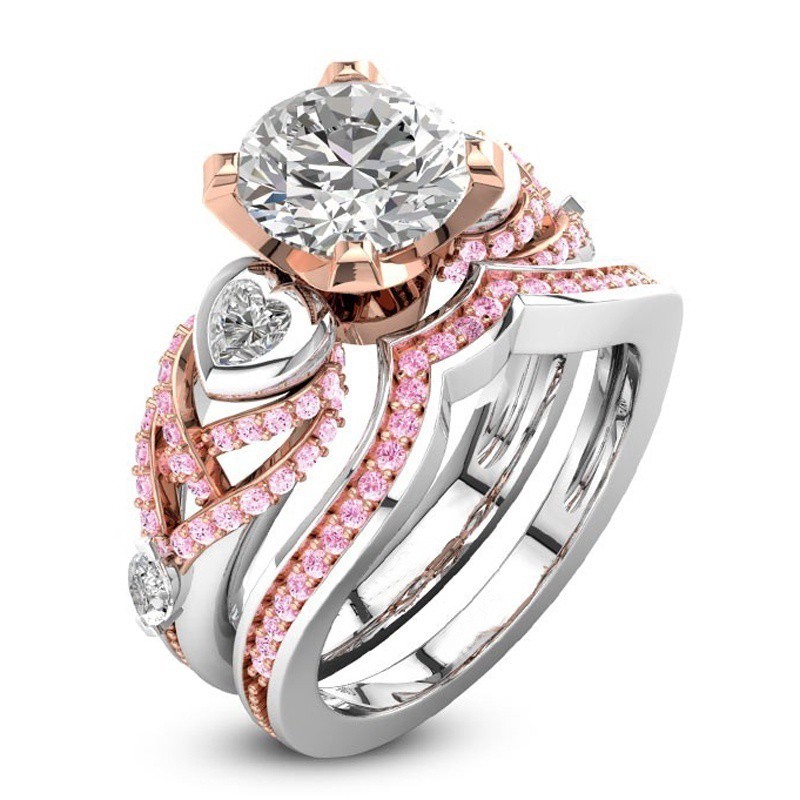 SEUSUK  Fashion Silver Rose Gold Padded Pink and White Sapphire Heart-shaped Bridal COD Ring