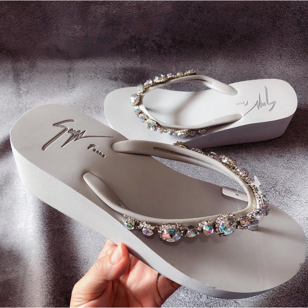 Fanna Swarovski Wedges Tinggi 5 Cm Sandal Wanita Sendal Manik Mote Jepit Platform Hak