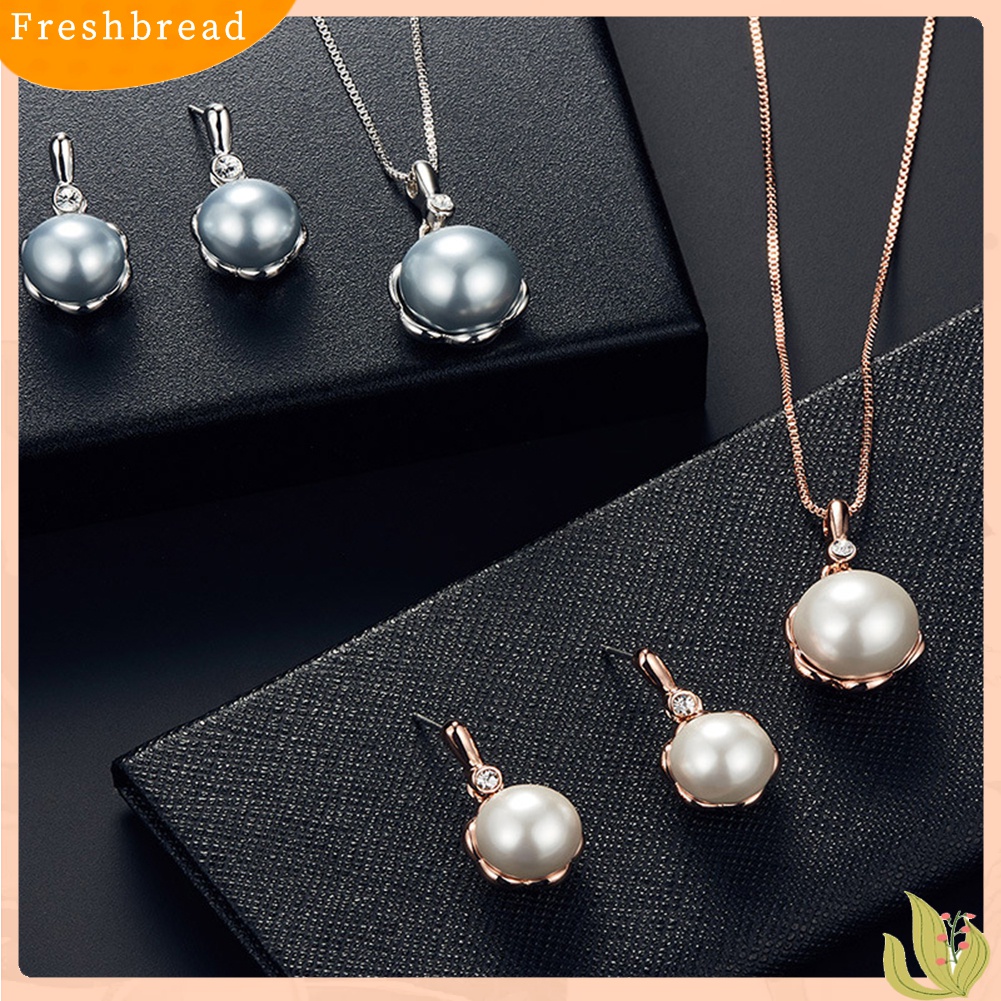 Terlaris Ladies Round Faux Pearl Rhinestone Inlaid Pendant Necklace Earrings Jewelry Set