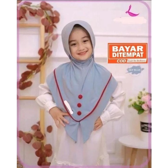 kerudung instan jersey bergo anak perempuan umur 3-8 tahun bahan jersey hyget jumbo motif list kancing tali serut ped antem terbaru