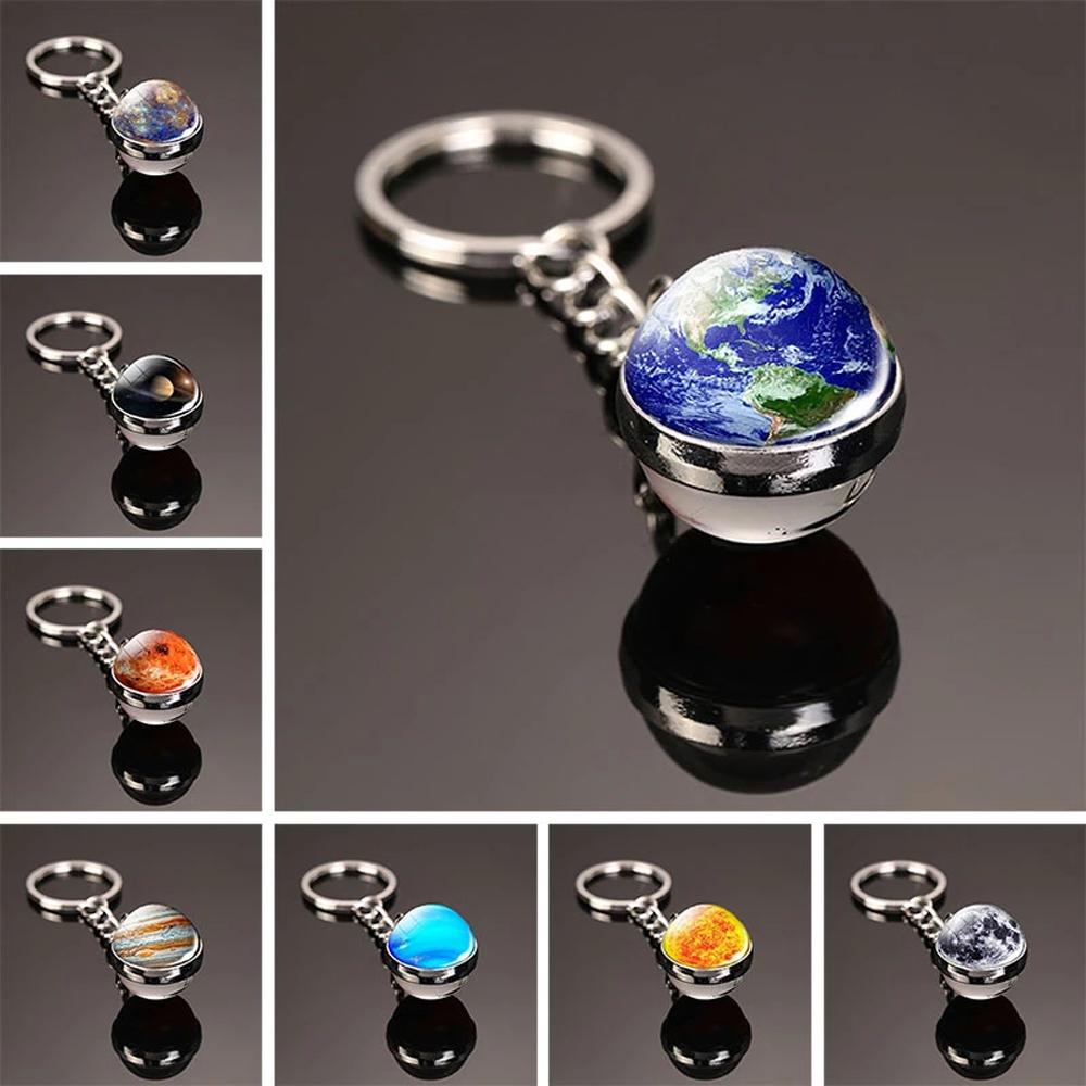 QUINTON Planet Keyring Hadiah Ulang Tahun Matahari Double Side Galaxy Moon Glass Ball Luminous