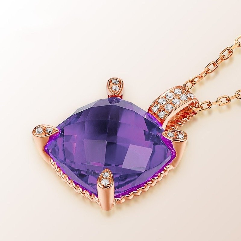 [Ready Stock]Fashion Personality Square Amethyst Pendant Rose Gold Necklace