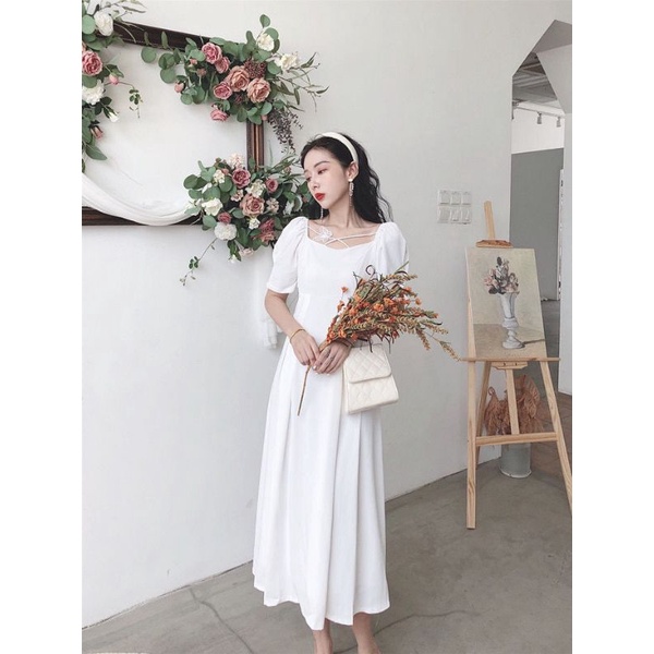 [MikanHiro Store] Elegant French 2022 Spring/Summer Retro Fairy Dress with Puff Sleeves and Thin WaistSuper fairy light cooked midi skirt butterfly