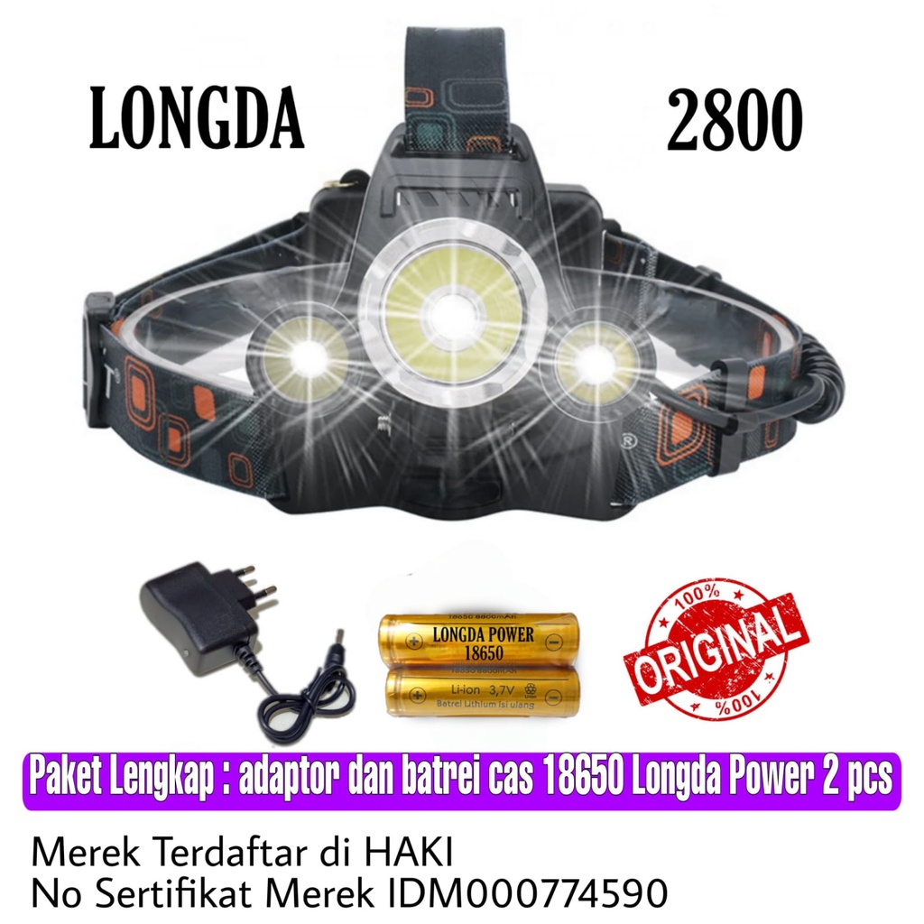 Senter Kepala High Power Headlamp 3 lampu Cree  ORI T6 Berburu LONGDA 2800