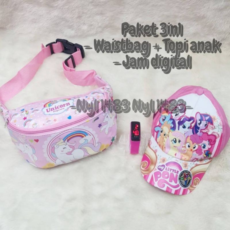 Paket 3in1 tas selempang waistbag + topi anak / jam tangan digital