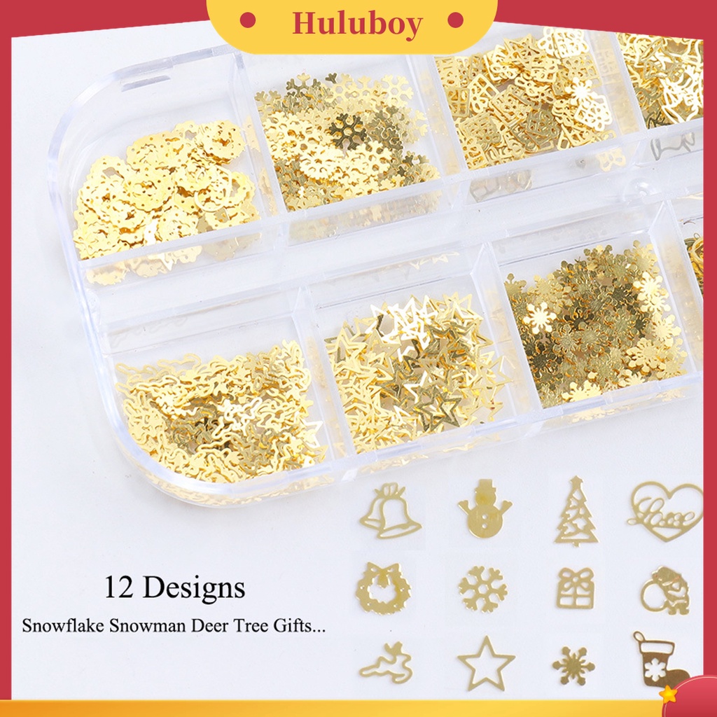 Huluboy Huluboy♡ 1 Kotak Dekorasi Nail Art Bentuk Rusa / Manusia Salju / Snowflake Bahan Metal Warna Emas