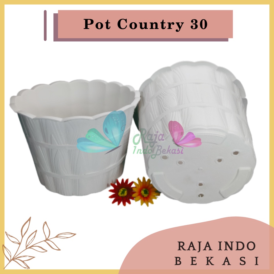 Rajaindobekasi Pot Shallom Country 30 Putih Pot Motif Gentong Kayu Tebal Cantik Pot Bunga Putih Besar Murah - Pot Motif Bambu Putih