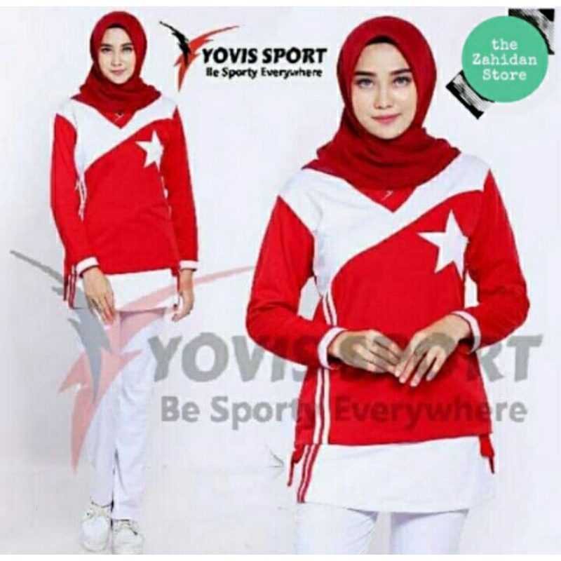 Baju Olahraga Sepeda Wanita Muslimah Setelan Baju Senam Tunik Aerobic Edisi Kemerdekaan Merah Putih