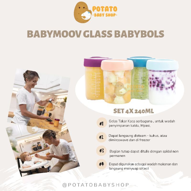 Babymoov Glass Babybols Food Storage Set 4x240ml Baby Bowl - wadah mpasi kaca