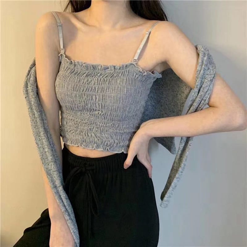 TF Tank Top Crop Top Bra Korean Style Bahan Katun Import Tali Wrinkle High Quality