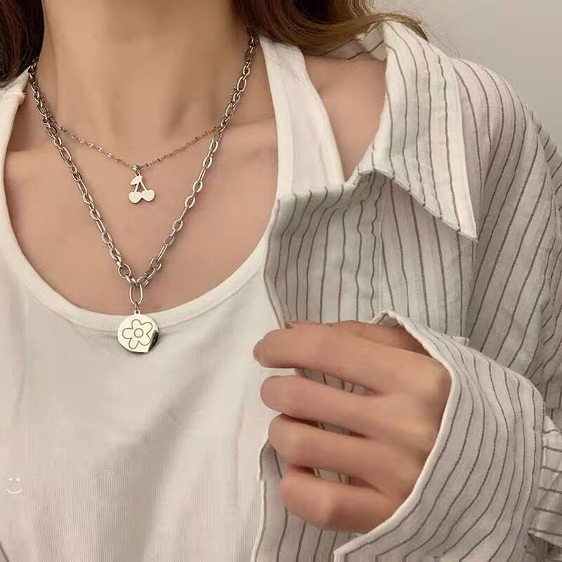 Korean Flower Cherry Double Necklace Necklace Hip Hop Fashion Simple Clavicle Chain For women