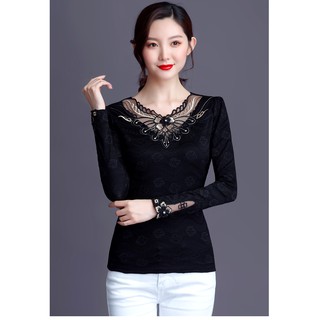  Kaos  T shirt Wanita  Model Kerah  Tinggi  Dengan Bahan Lace 