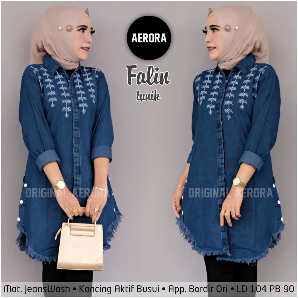 Baju Atasan Tunik Jeans Denim Wanita Kekinian Terbaru 2022 Ld 105 P 90 Bordir Bambu Premium Falin Tunik Allsize