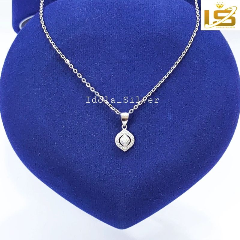 KALUNG PERAK ASLI SILVER WANITA 925 LAPIS EMAS PUTIH MODEL LIONTIN OVAL PERMATA+BULAT PERMATA - PERHIASAN PERAK WANITA ASLI