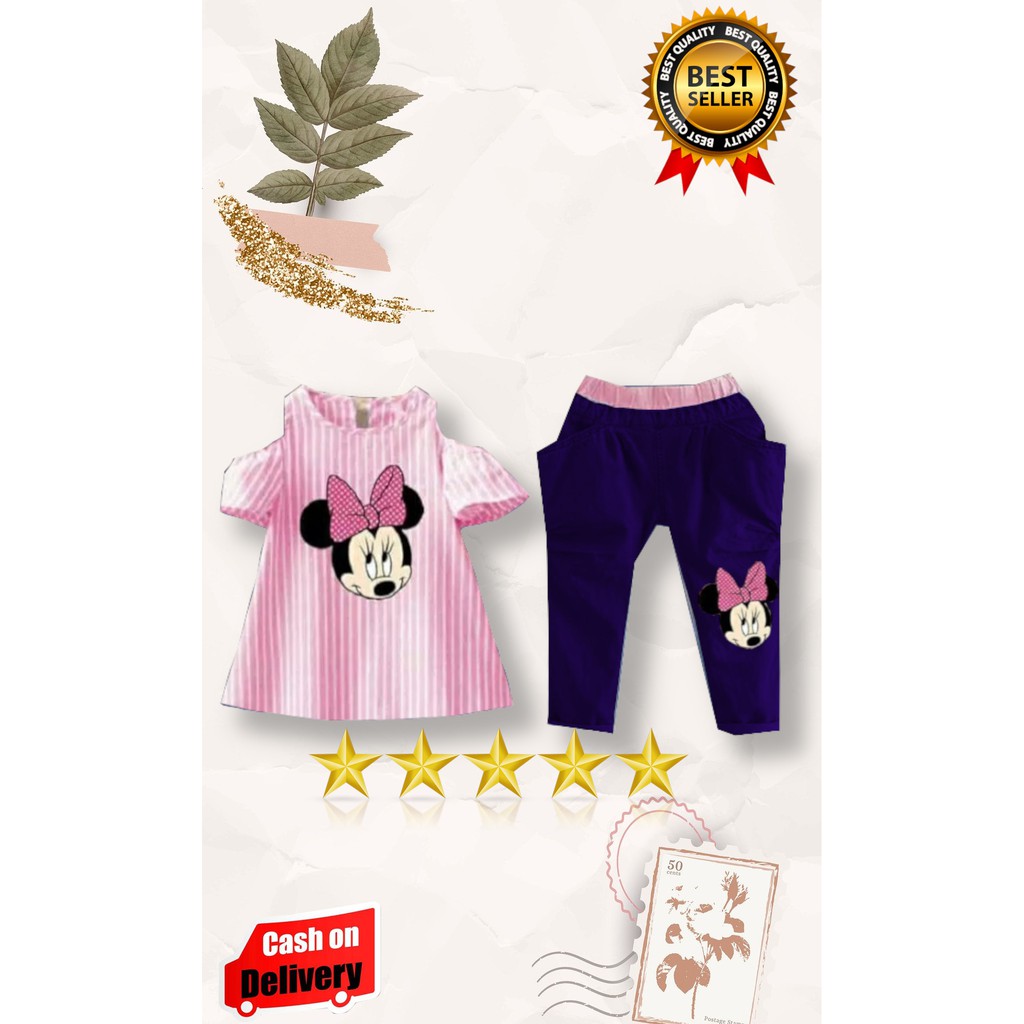 VISION ONLINE-SETELAN STRIPY MINNIE PINKY/SETELAN ANAK PEREMPUAN 1 2 3 4 5 TAHUN MURAH LUCU