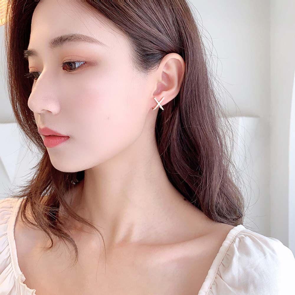 NEEDWAY X Earrings Logam Sederhana X shaped Stud Earrings Fashion Perhiasan Zirkon Salib X-shaped Women Earrings