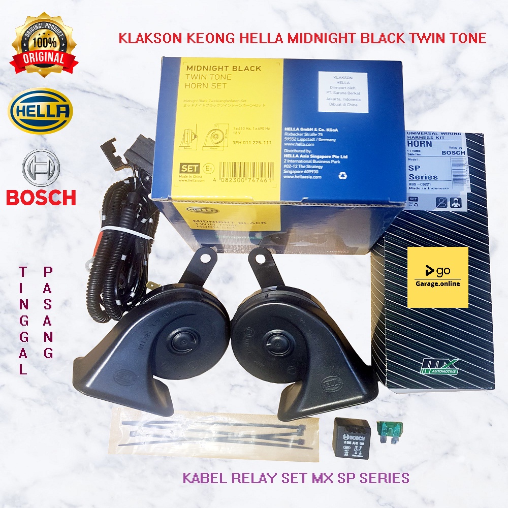 PAKET KOMPLIT Klakson Keong HELLA MIDNIGHT BLACK TWIN TONE Original + KABEL RELAY SET BOSCH TERMURAH