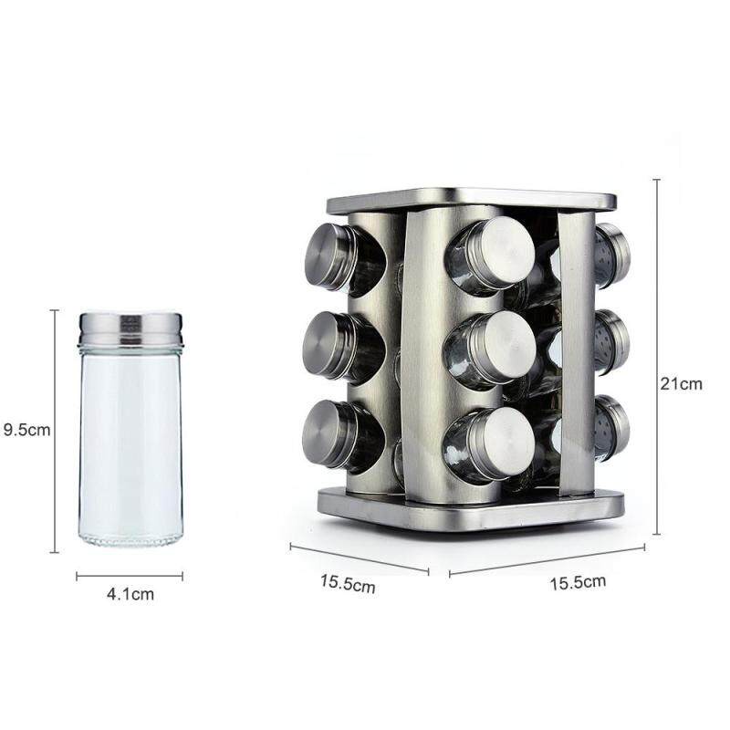 Rak Bumbu Meja 12-Jar Rolling Seasoning Organizer Rolling Rolling Table Spice Rack Stainless Steel Rotating Seasoning Tower with Refillable Seasoning