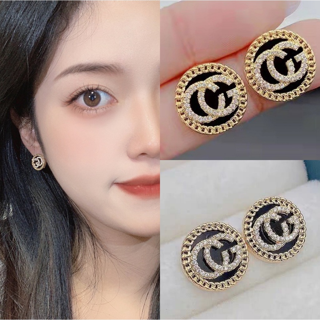 Anting sterling silver Bentuk Bulat Kecil Desain Huruf G Aksen Berlian Gaya Eropa Amerika