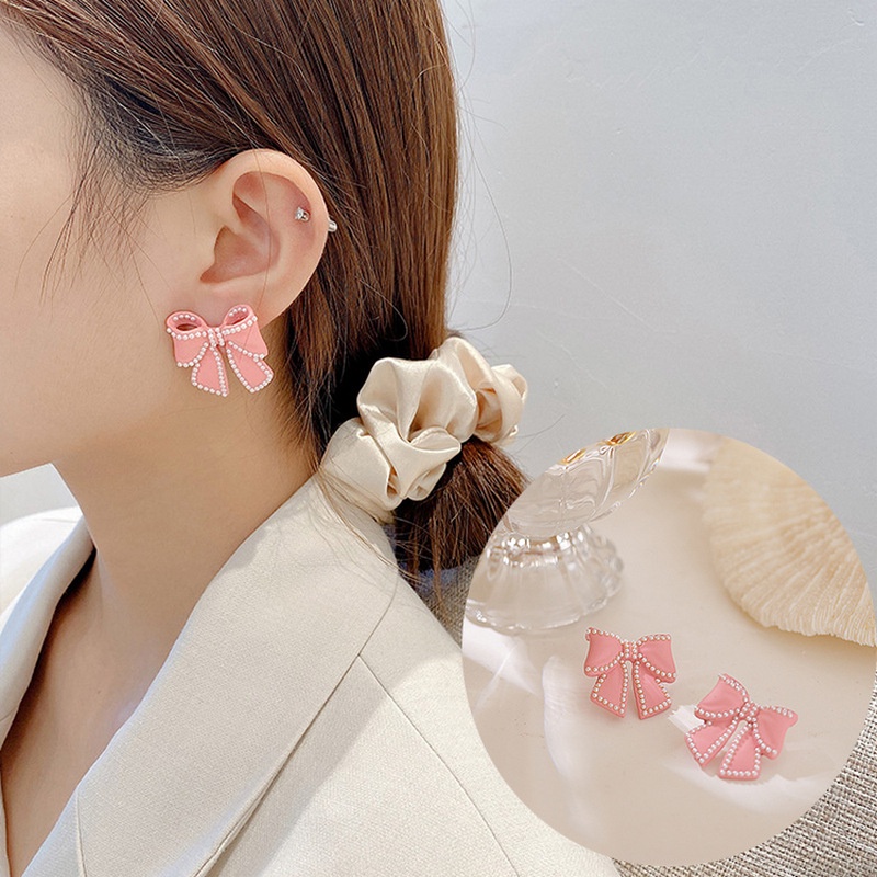 Sterling silver jarum Korea Mutiara busur anting-anting geometris berlian anggun dan modis anting-an