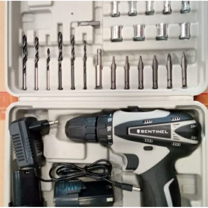 Bor obeng besi kayu sentinel 12v set mata komplit cordless drill