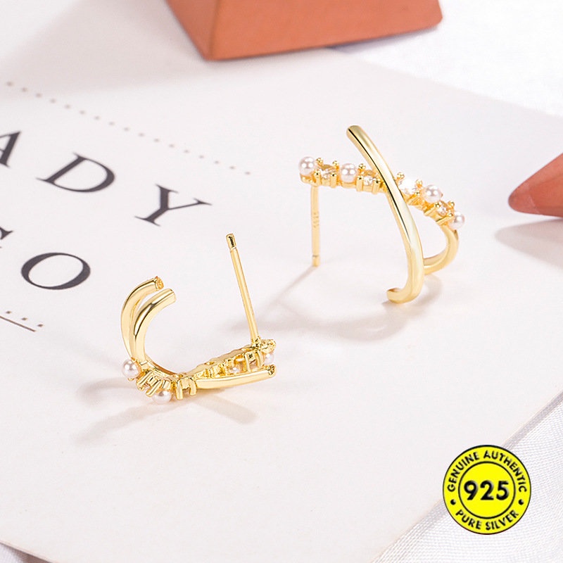 Anting Tusuk Lapis Emas 18K Desain Salib Hias Mutiara + Berlian Imitasi Untuk Wanita U930