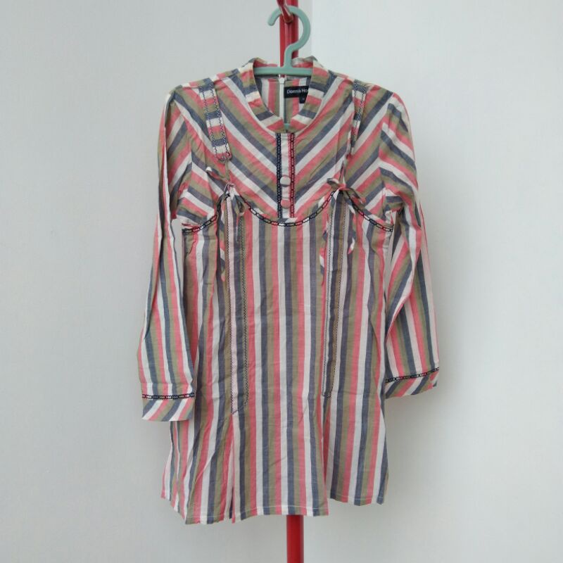 Baju Tunik Wanita Lengan Panjang Motif Garis-Garis Warna Pastel Bahan Adem