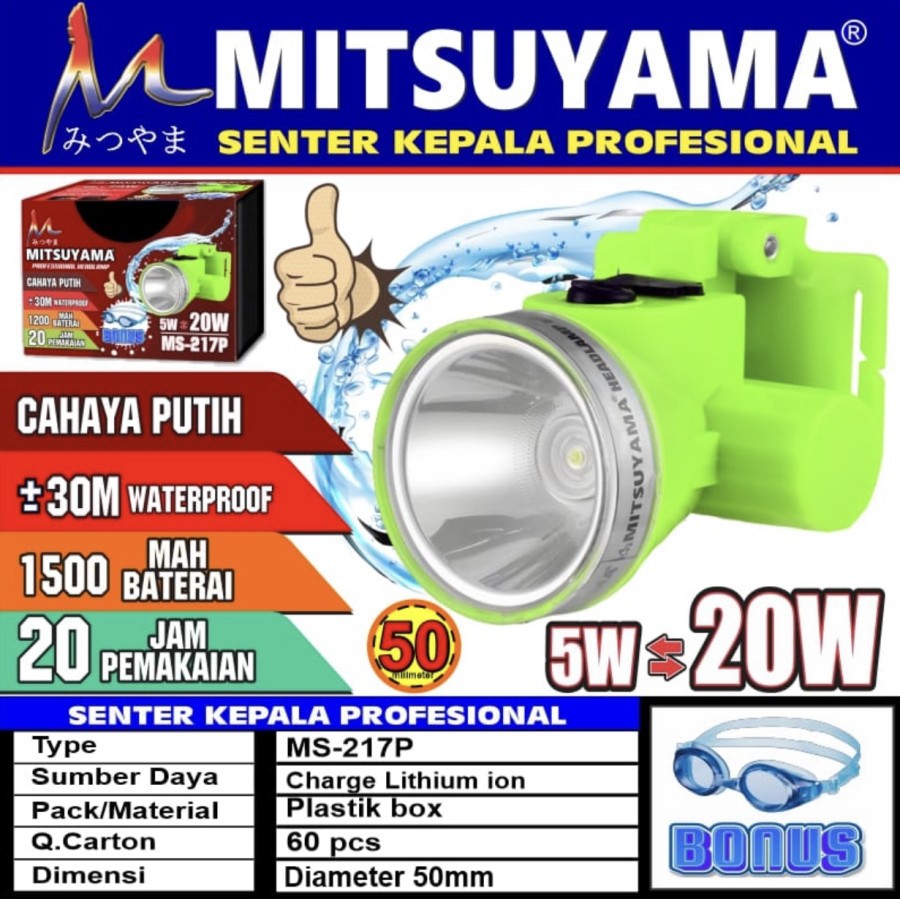 Senter Kepala Selam Mitsuyama MS-217P / Headlamp 20Watt - Cahaya Putih bonus kacamata selam Bagus