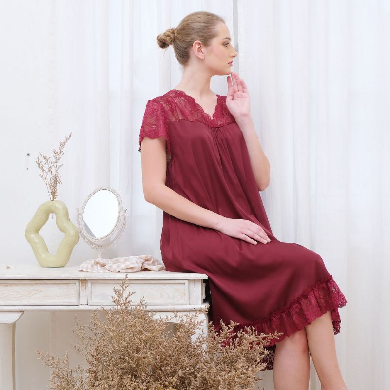Ladybydiana IRISH MAROON SLEEPWEAR Sexy Dress Bahan Armany Silk Busui Friendly