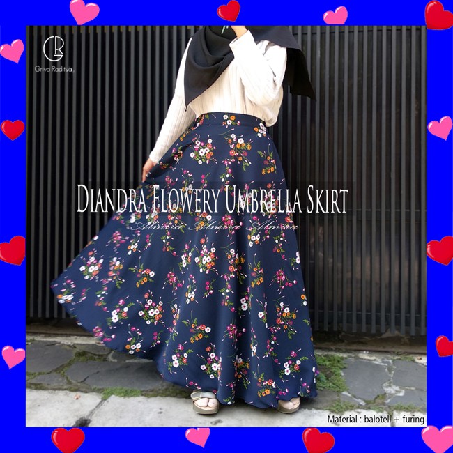 Rok Panjang Wanita  Payung Muslimah Motif Bunga Flowery Diandra Umbrella Skirt Rok Maxi Rok Flare