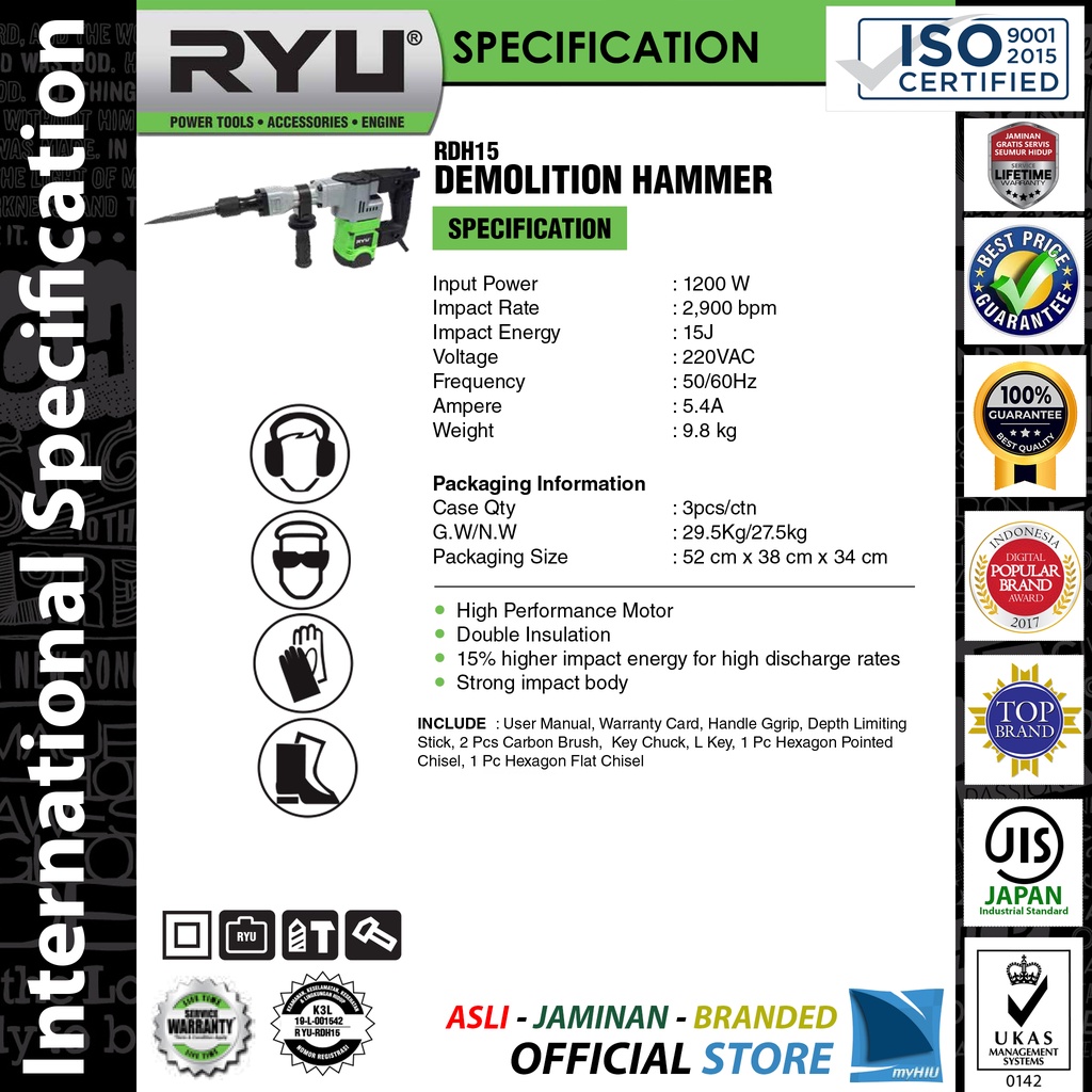 Mesin Bobok Tangan RDH15 - Demolition Hammer RYU