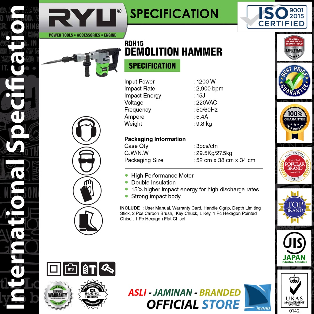 Mesin Bobok Tangan RDH15 - Demolition Hammer RYU