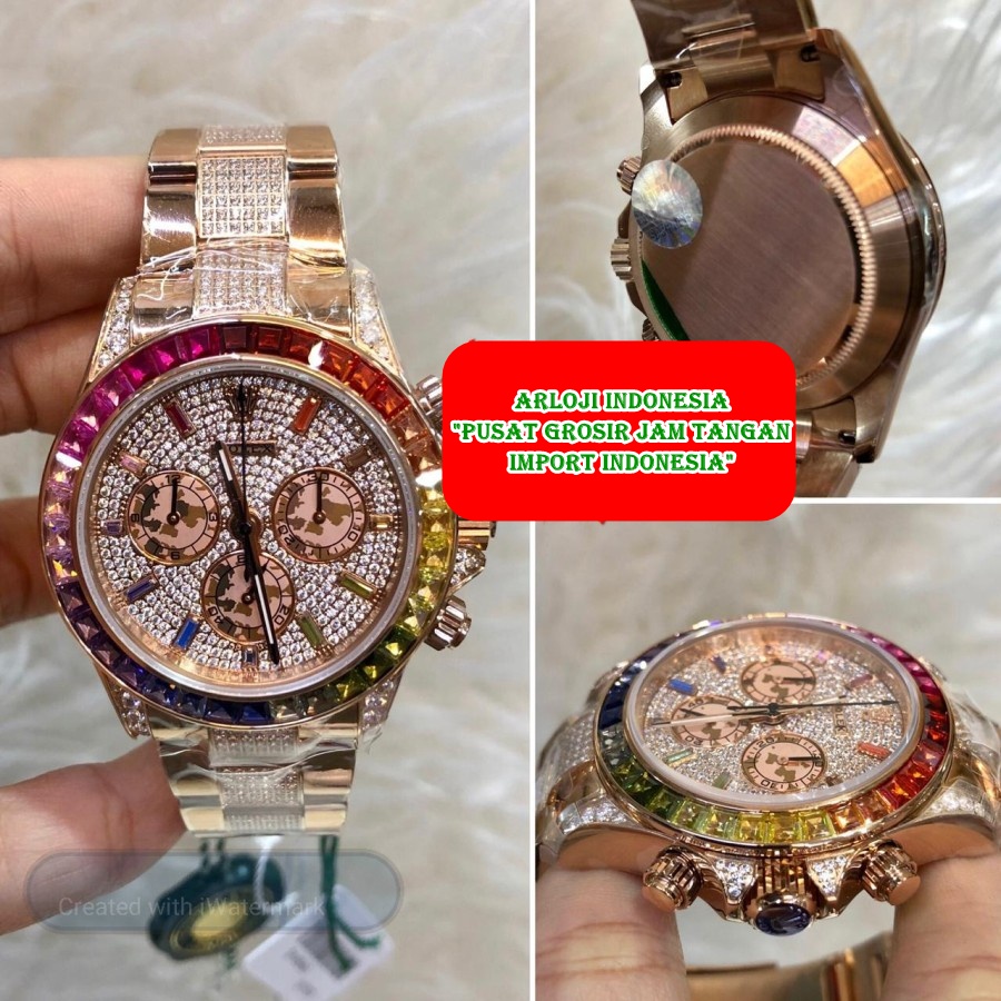 Big Sale Jam Tangan Pria ROLEX Daytona Rainbow Diamond Rosegold SWISS ETA 1:1 Garansi 1th