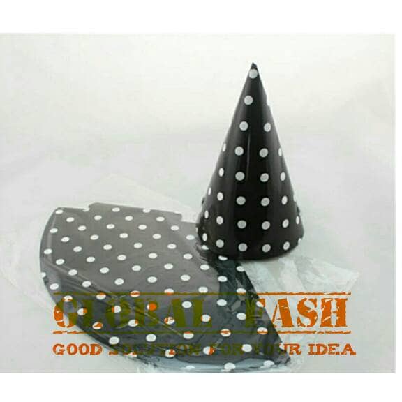Topi polkadot hitam / topi kerucut polkadot / topi ultah hitam polkadot
