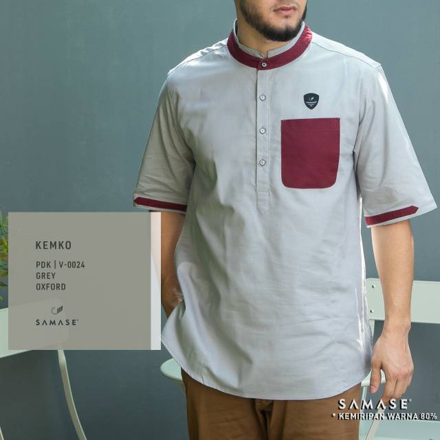 kemeja koko samase lengan pendek grey abu abu kombinasi marun v 0024