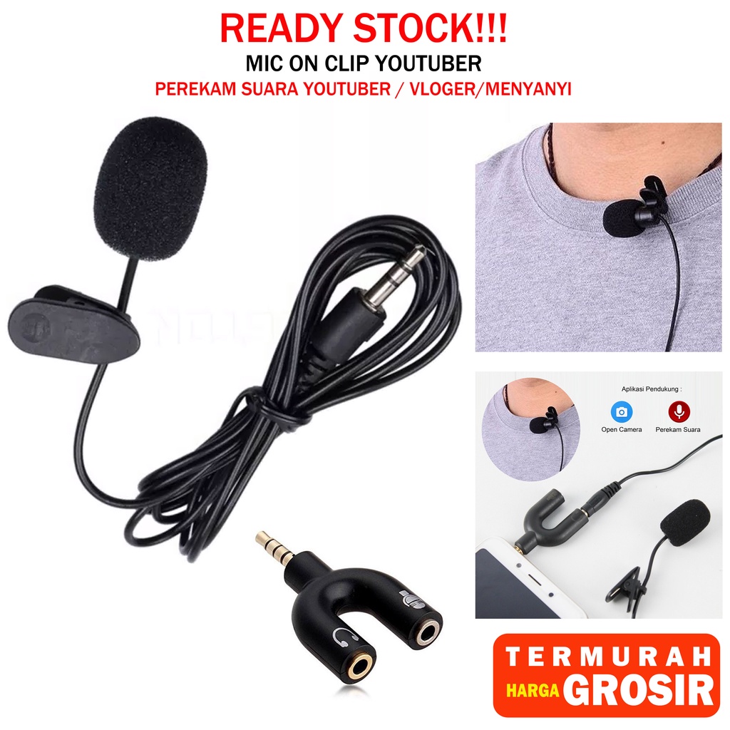 Mic on clip audio 3.5mm splitter youtuber perekam suara untuk tiktokers vloger menyayi dll - realoneacc