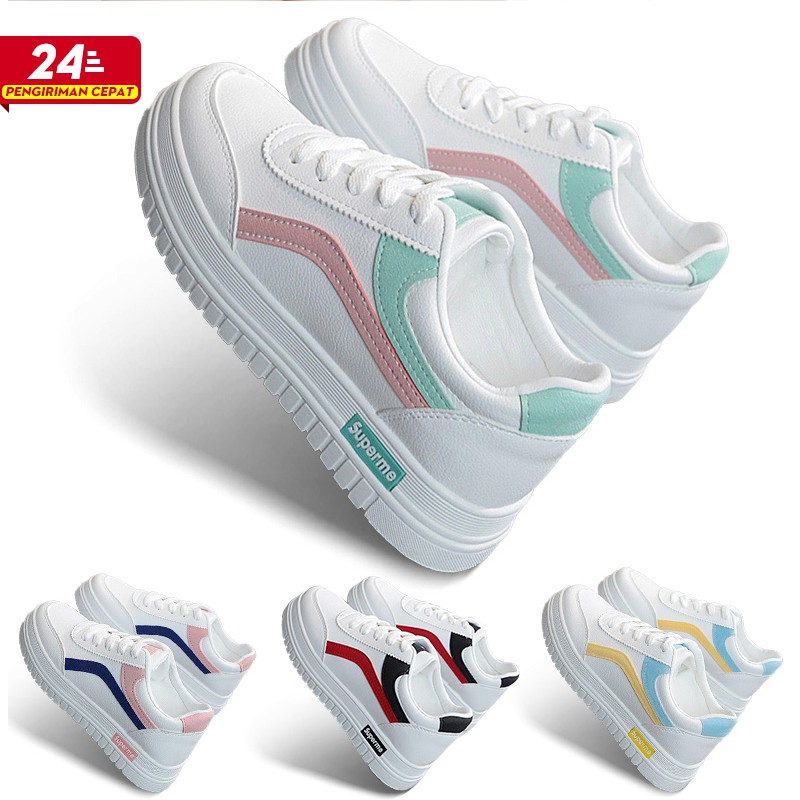 【CUCI GUDANG】Sepatu Sneakers Wanita Kasual Model Simpul Tali Aksen List Warna untuk Wanita size 35-40