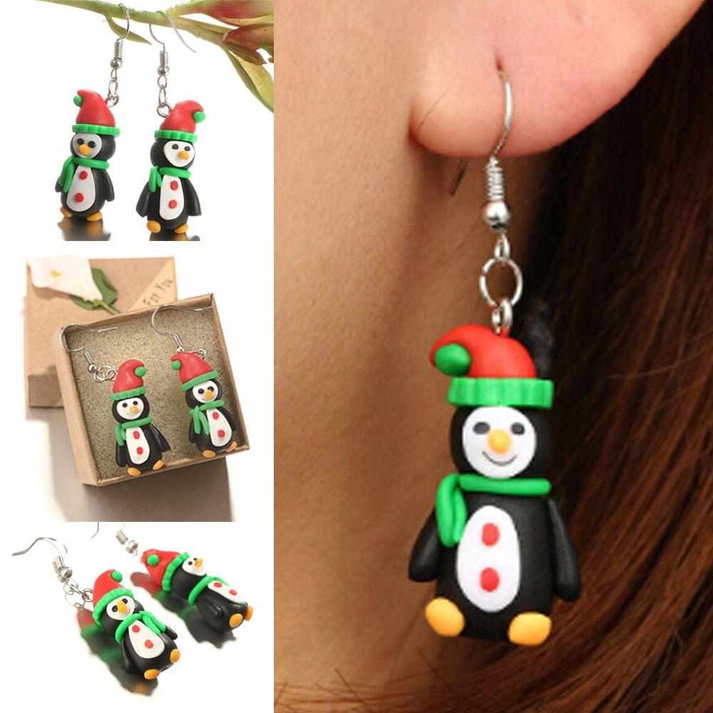 R-flower 1pasang Anting Natal Xmas Hadiah Menjuntai Kait Handmade Polymer Clay