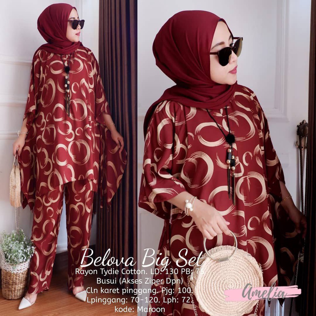 Belova Big Set - One Set Jumbo Rayon Batik Premium Waka Waka Setelan Wanita Celana Panjang Set Bigsize LD 140 cm