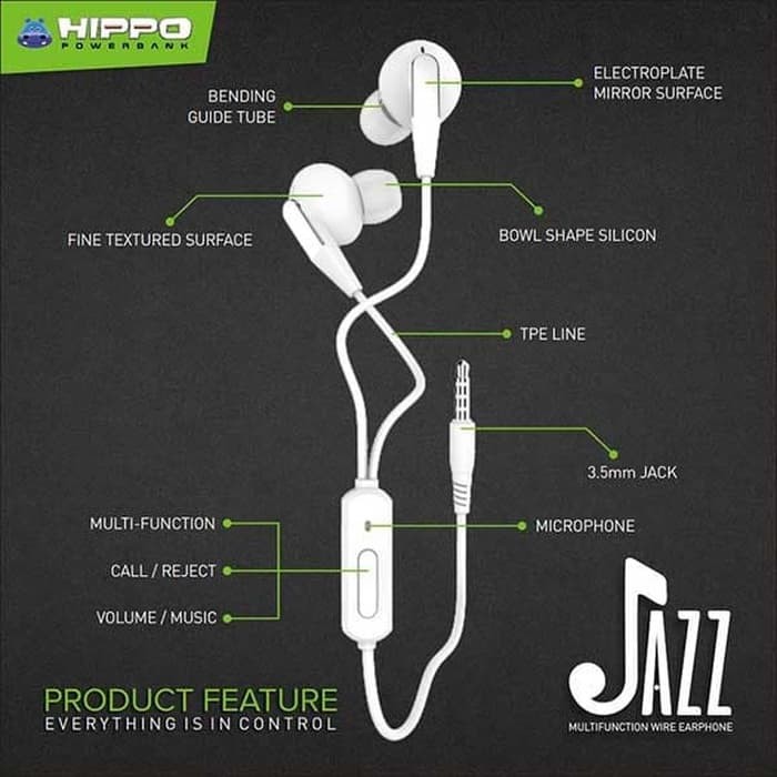 Handsfree / Earphone / Headset HIPPO JAZZ Berkualitas Garansi Resmi