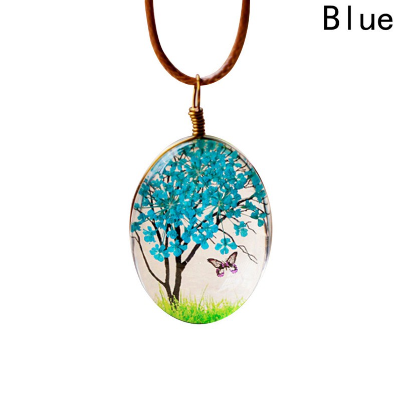 Women'S Lifelike Tree Of Life Oval Shape Amber Pendant Necklaces Handmade Glass Plant Necklace