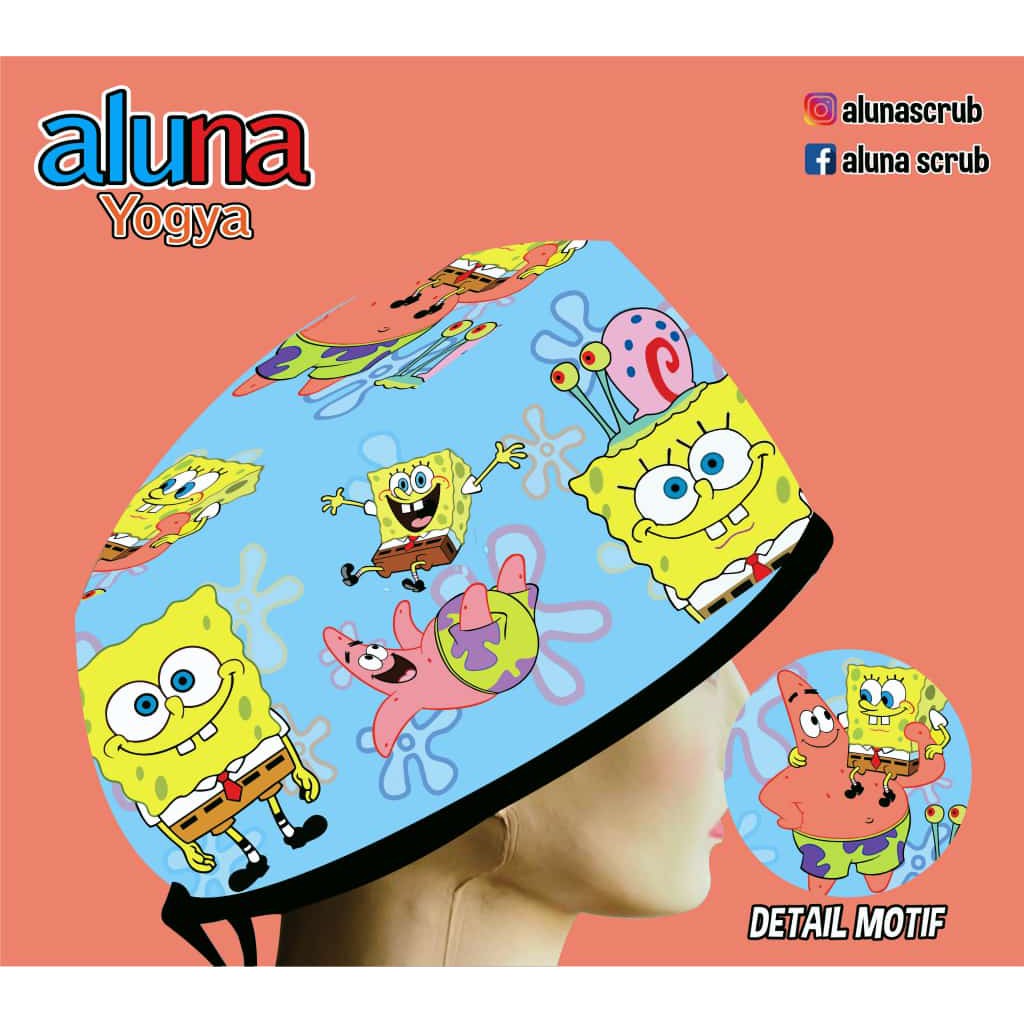Head Cap /Topi Medis / Scrub Hat / Surgical Cap / Topi Dokter Custom Printing Motif Spongebob
