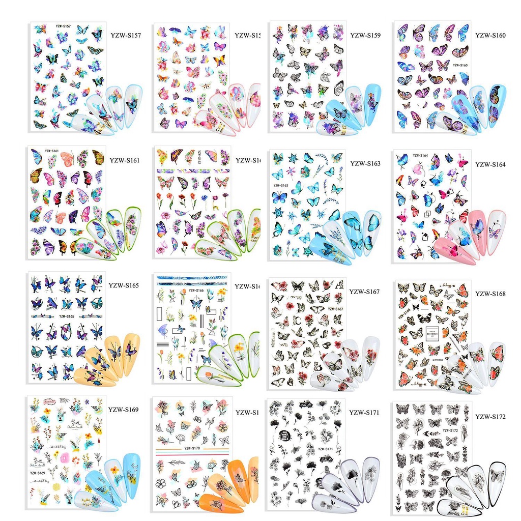 R-flower 1lembar Stiker Kuku Kupu-Kupu Fashion Decals Motif Bunga Geometris Nail Art Dekorasi