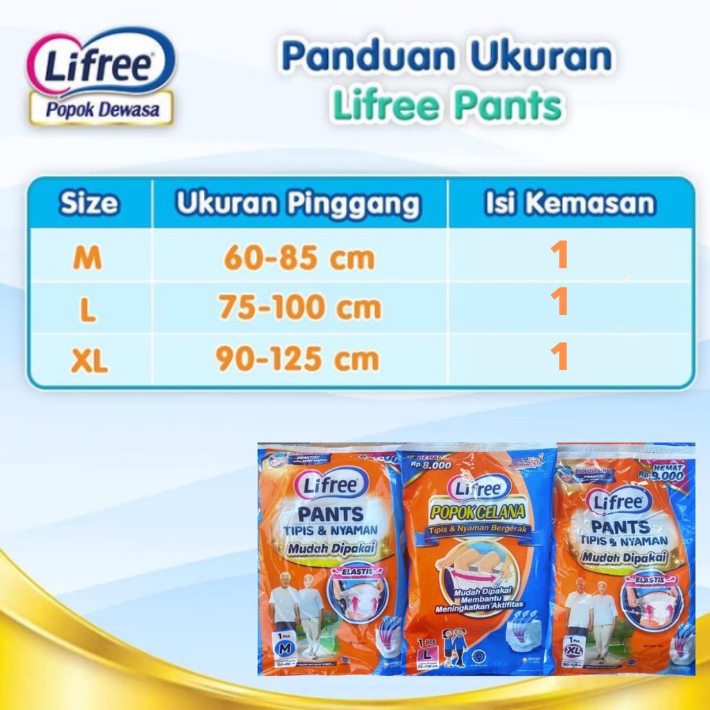 Pempers Lifree Pants Popok Celana/Popok Dewasa (M L XL) per sachet Lansia Manula