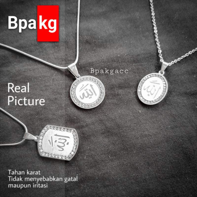 kalung titanium liontin lafad allah permata kalung besi putih asli anti karat silver Kalung pria hur