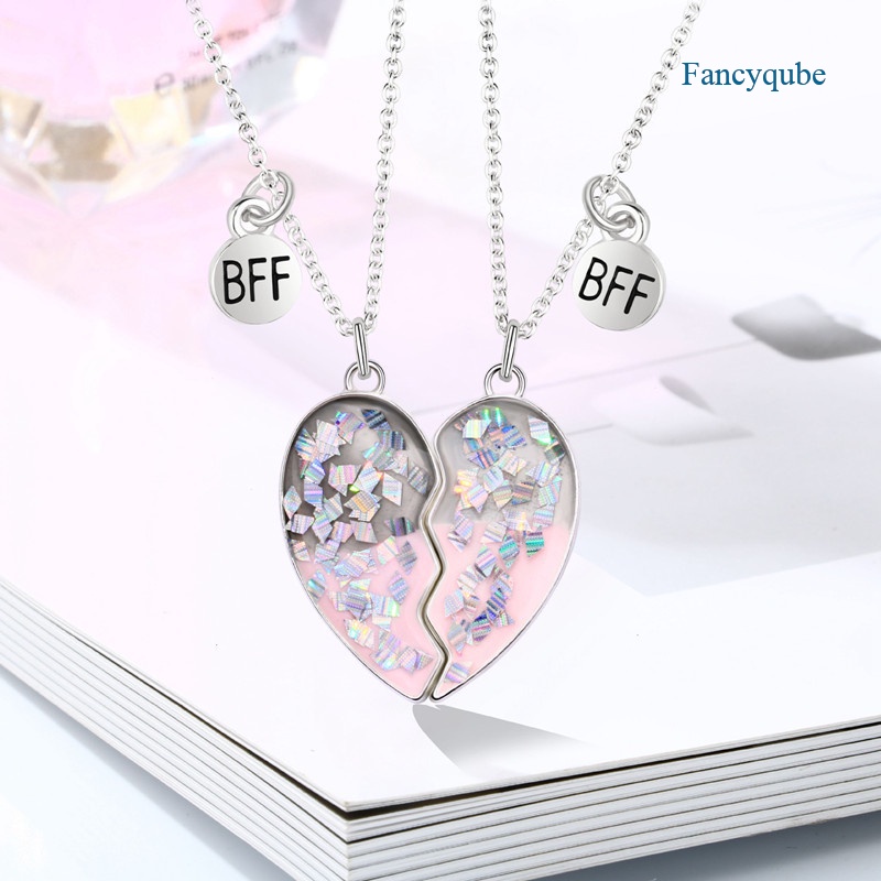 Fancyqube 2pcs Kalung Rantai Hias Liontin Hati Tulisan Best Friend Untuk Unisex