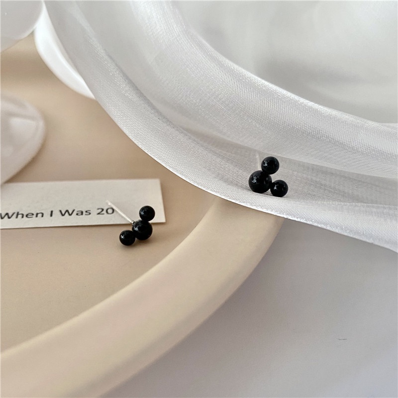 We Flower S925 Silver Cute Black Beads Mickey Stud Earrings for Women Girls Fashion Ear Jewelry-black