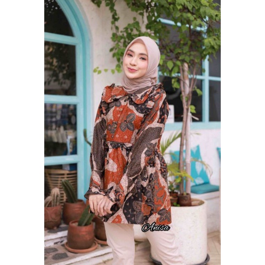 tey-17 Batik wanita ASJ SA HRB026 Kenongo Kemeja Tosca Pendek-Widodari Pulau