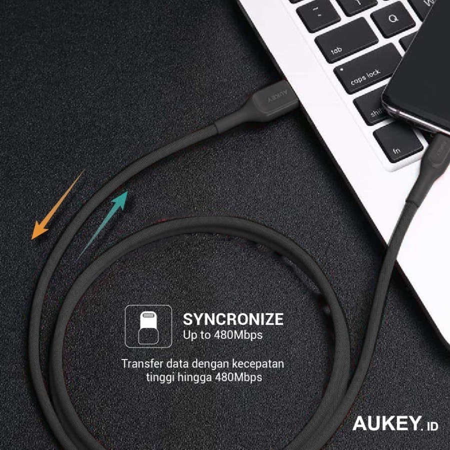 Kabel Data Aukey Cable CB-AKL2 Black MFI USB A To Lightning Kevlar 2M